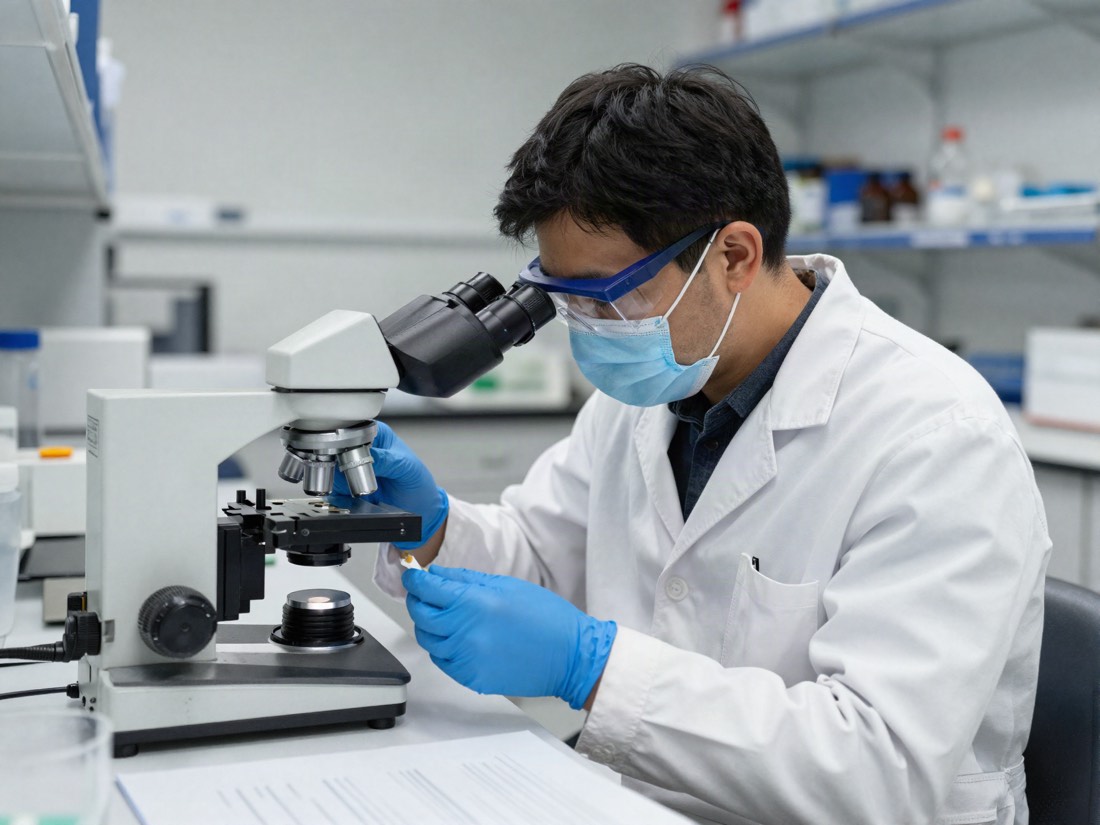 An analyst examining a material sample under a polarised light microscope