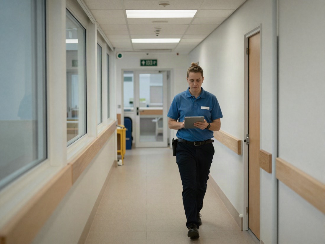 A facilities manager with a tablet in a bright public building corridor