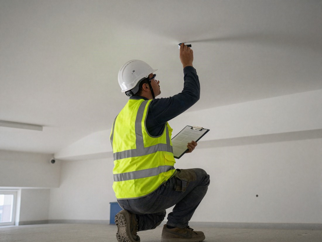 A surveyor in hi-vis and hard hat inspecting a ceiling void with a torch